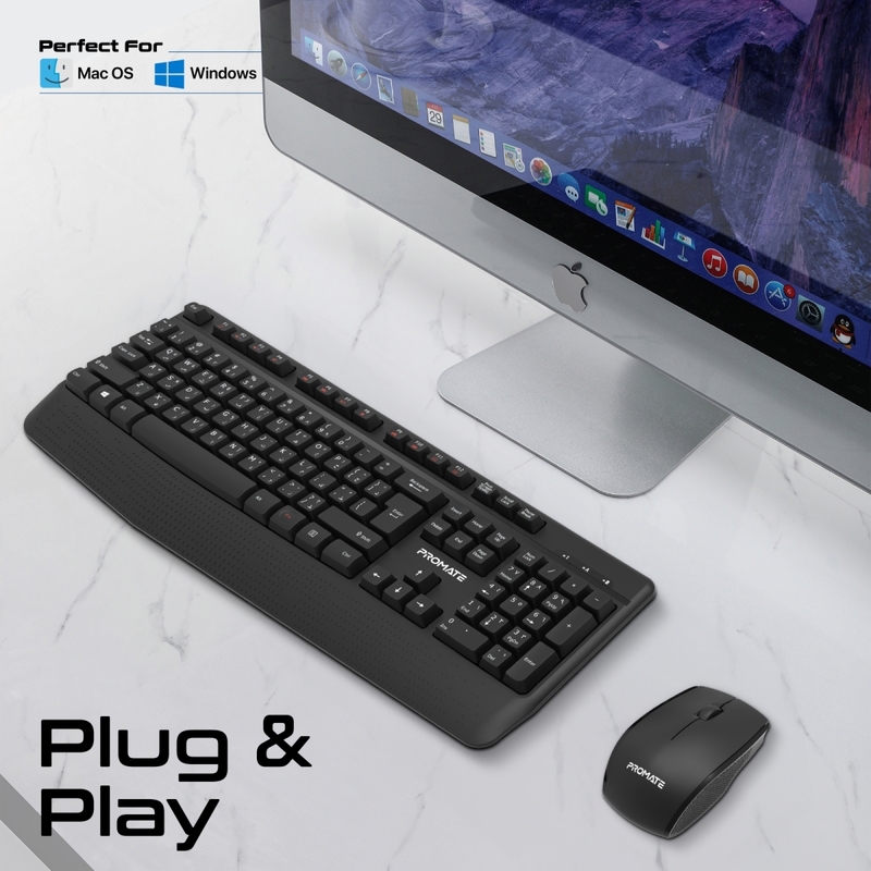 Promate Wireless Keyboard and Mouse Combo, Ergonomic Angled 2.4Ghz Wireless Keyboard with 1200 DPI Ambidextrous Mouse, Wrist Rest, Nano USB Receiver, Media Keys, for iMac, MacBook Air, ASUS